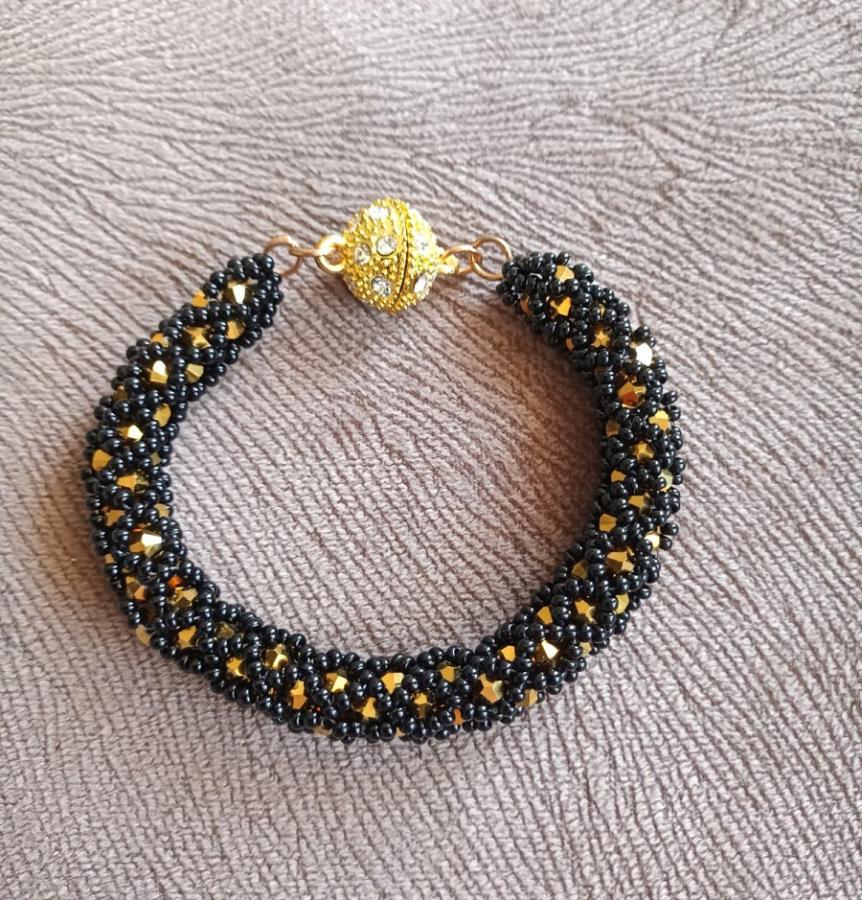 black-gold-netted-beaded-bracelet-elegant-seed-beads-bracelet-handmade-handcrafted-black-tubular-netted-beaded-bracelet-gold-bicone-beads-bracelet-gold-beadwork-bracelet-gift-for-woman-birthday-gift-0