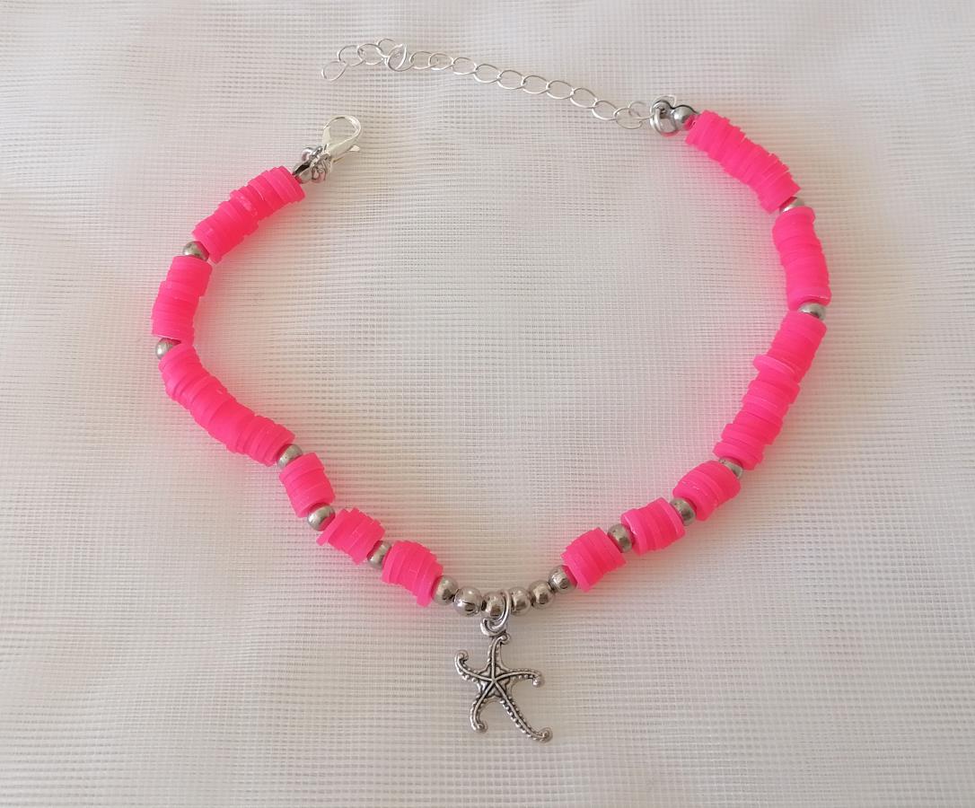 surfer-heishi-clay-beads-bracelet-for-women-neon-pink-starfish-silver-heishi-stack-bracelet-polymer-clay-bracelet-gift-for-woman-adjustable-bracelet-seaside-cove-stack-african-vinyl-stretch-bracelet-beach-sea-ocean-collection-vulcanite-flat-disc-heishi-beads-boho-chic-jewelry-0