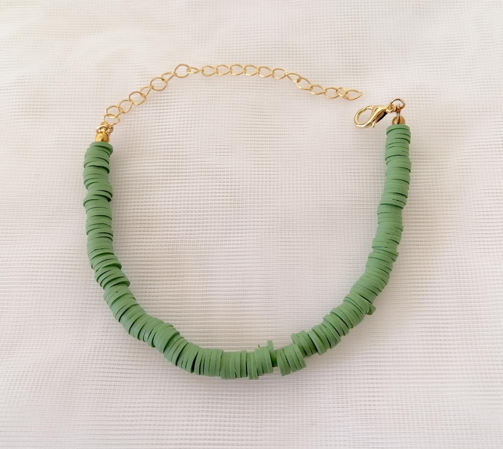 olive-color-heishi-stack-bracelet-green-polymer-clay-disc-bracelet-adjustable-bracelet-seaside-cove-stack-african-vinyl-stretch-bracelet-beach-sea-ocean-collection-vulcanite-flat-disc-heishi-beads-boho-chic-jewelry-0