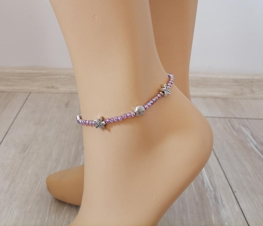 light-purple-faceted-rondelle-crystal-beads-anklet-silver-sea-shell-mermaid-shell-starfish-charm-anklet-handcrafted-beads-leg-bracelet-rosario-tobillera-pulsera-perlen-fu-kettchen-perline-cavigliera-beach-style-bracelet-adjustable-extender-chain-anklet-0