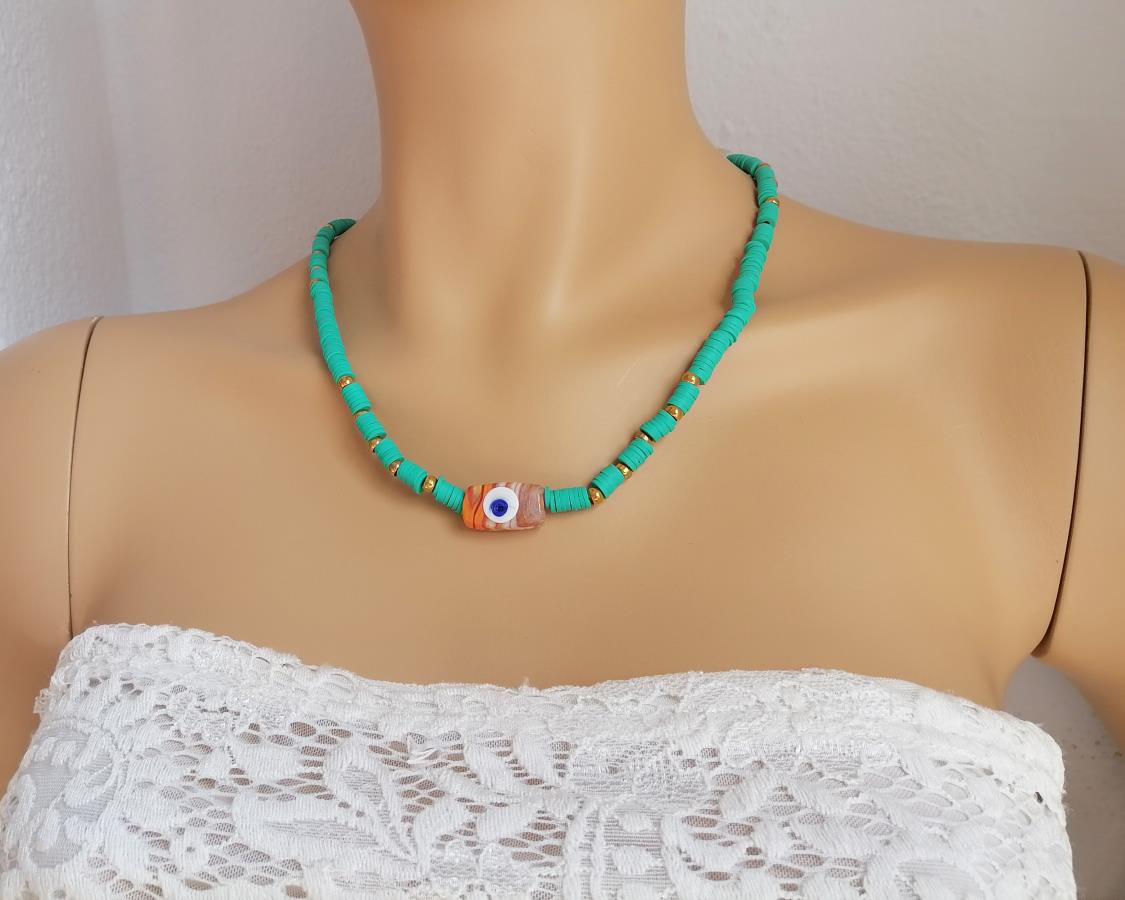 green-heishi-stack-necklace-glass-evil-eye-necklace-0