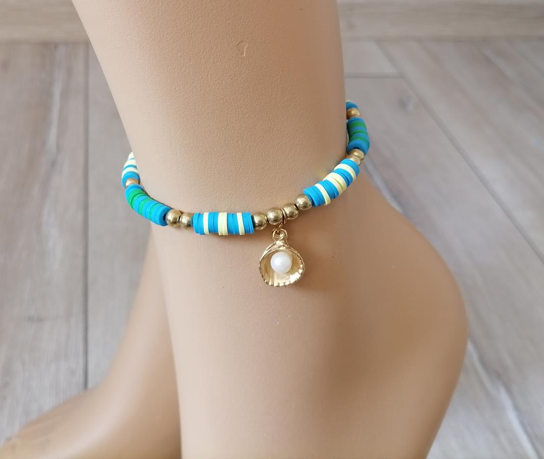 sea-mermaid-shell-gold-beads-anklet-for-women-gold-mussel-charm-with-yellow-blue-green-heishi-stack-anklet-polymer-clay-disc-bracelet-for-leg-handmade-bohemian-summer-beach-style-anklet-vinyl-beads-anklet-multi-colored-beads-anklet-0