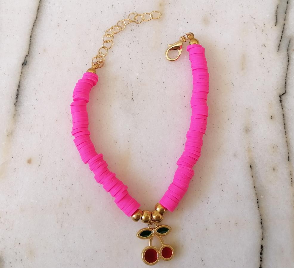 neon-pink-color-heishi-stack-bracelet-with-cherry-charm-handmade-handcrafted-heishi-hand-bracelet-pink-polymer-clay-disc-bracelet-for-women-sea-ocean-surfer-bracelet-boho-vinyl-beads-bracelet-gift-for-her-gift-for-girl-0