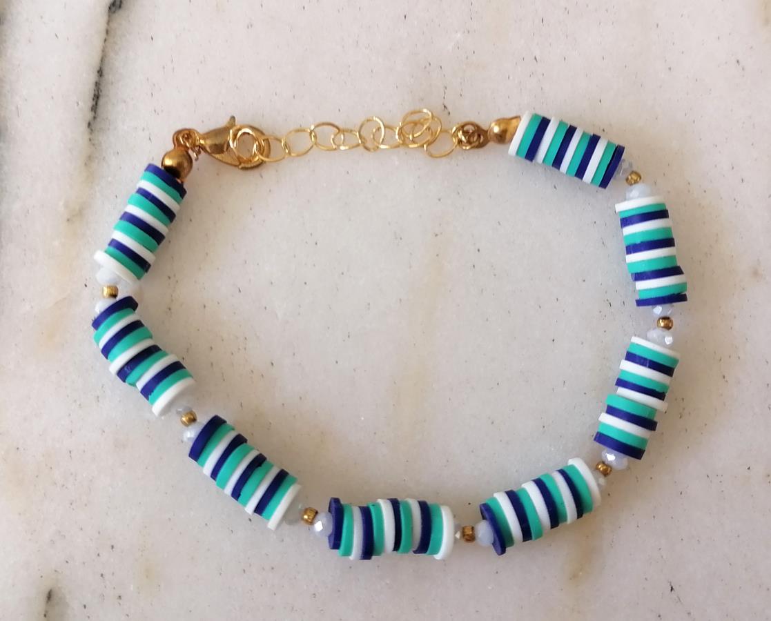 turquoise-navy-blue-white-color-heishi-stack-bracelet-with-gold-beads-colorful-vinyl-beads-bracelet-gift-for-her-gift-for-girl-handmade-handcrafted-heishi-hand-bracelet-rainbow-polymer-clay-disc-bracelet-for-women-0