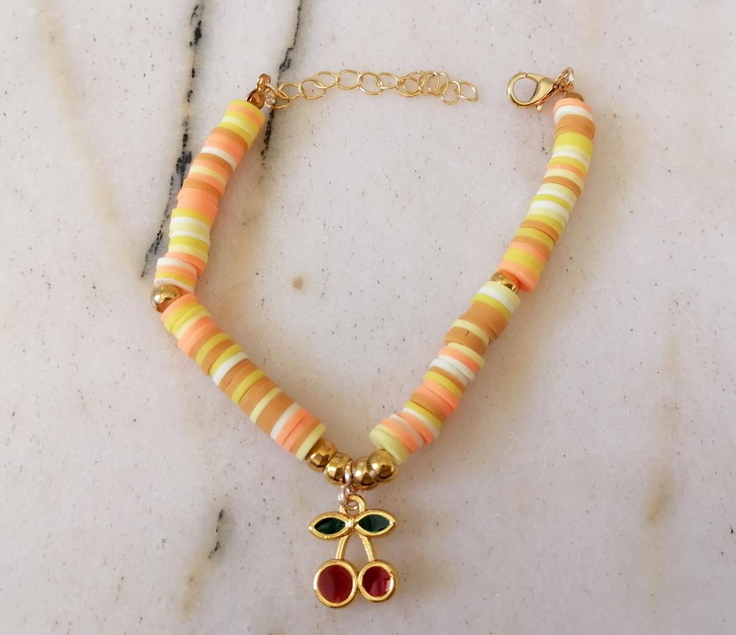 handmade-handcrafted-heishi-hand-bracelet-heishi-stack-bracelet-with-cherry-charm-orange-yellow-polymer-clay-disc-bracelet-for-women-sea-ocean-surfer-bracelet-boho-vinyl-beads-bracelet-gift-for-her-gift-for-girl-0