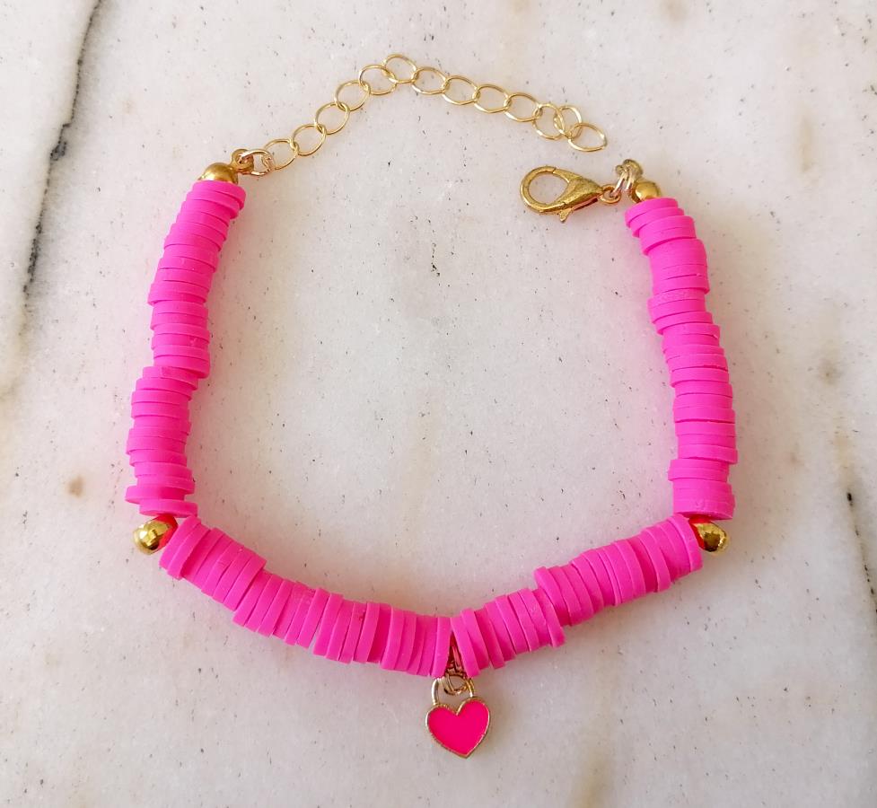 pink-heishi-stack-bracelet-with-tiny-pink-heart-charm-polymer-clay-disc-bracelet-for-women-handmade-handcrafted-bracelet-vulcanite-flat-disc-heishi-beads-bracelet-buy-boho-chic-style-jewelry-vinyl-stretch-bracelet-0