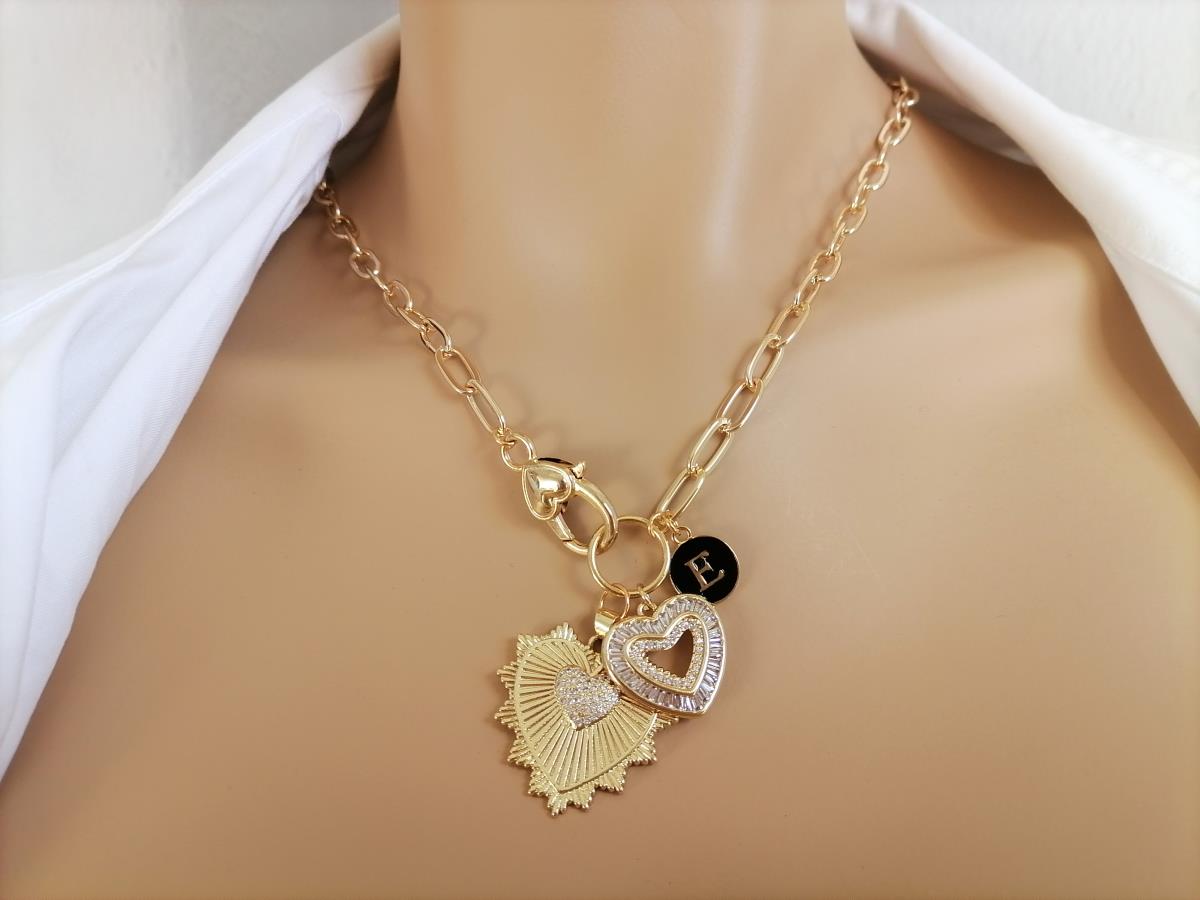 mixed-charm-necklace-gold-heart-pendant-paperclip-chain-necklace-personalized-round-circle-disc-coin-letter-initial-black-necklace-birthday-gift-idea-necklace-for-women-gift-for-her-gift-for-girlfriend-cz-crystal-stone-heart-necklace-0