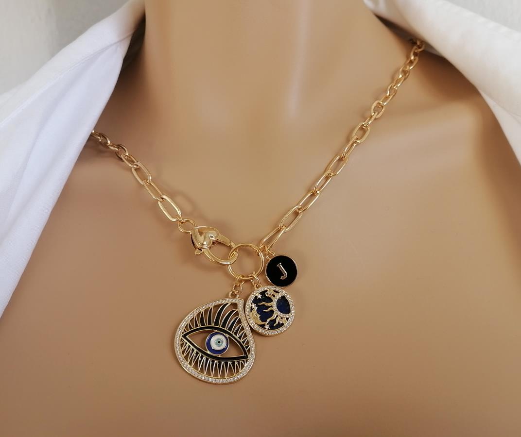mixed-charm-necklace-gold-turkish-evil-eye-pendant-necklace-paperclip-chain-necklace-round-sun-moon-necklace-natural-lapis-lazuli-stone-necklace-personalized-round-circle-disc-coin-letter-initial-black-necklace-birthday-gift-idea-necklace-for-women-gift-for-her-gift-for-girlfriend-0